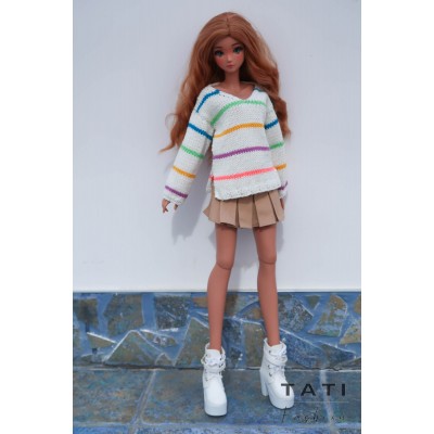 Oversized Sweater with V-neck and Colored Stripes for Smart Doll