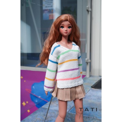 Oversized Sweater with V-neck and Colored Stripes for Smart Doll