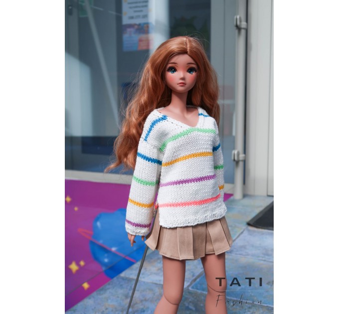 Oversized Sweater with V-neck and Stripes for Smart Doll