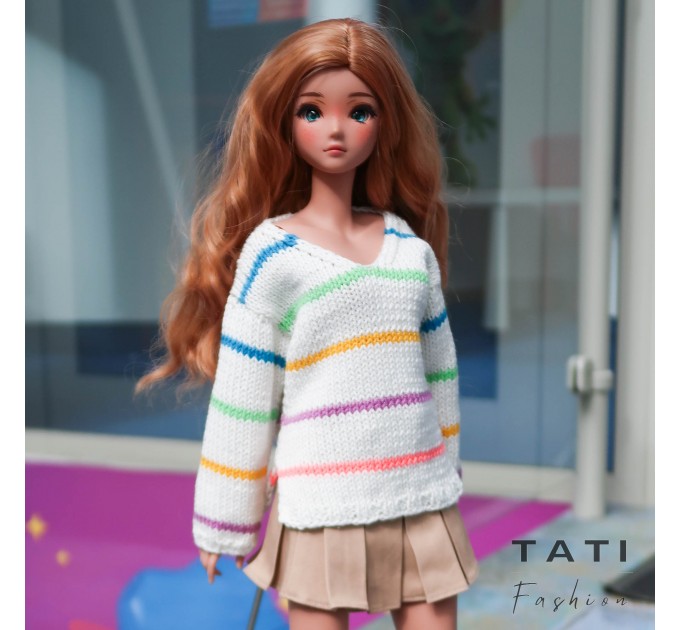 Oversized Sweater with V-neck and Stripes for Smart Doll