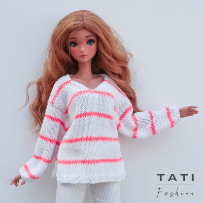 Oversized Sweater Jumper with V-neck and Pink Stripes for Smart Doll