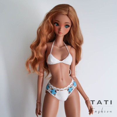 Crocheted Bikini Swimsuit with Blue Flowers “Heavenly Blooms” for Smart Doll