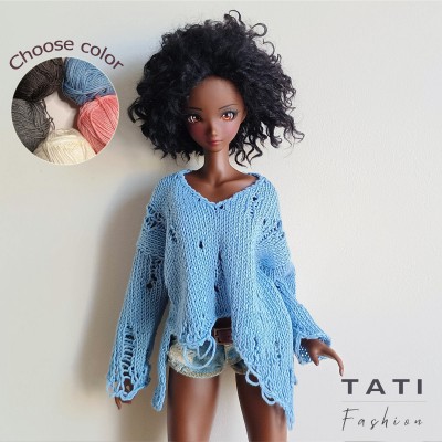 Ripped Oversized Asymmetrical Sweater with Long Sleeves, Gothic Jumper for Smart Doll