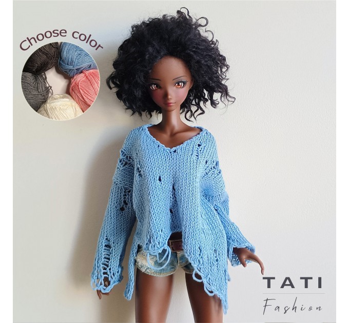 Ripped Oversized Asymmetrical Sweater with Long Sleeves, Gothic Jumper for Smart Doll