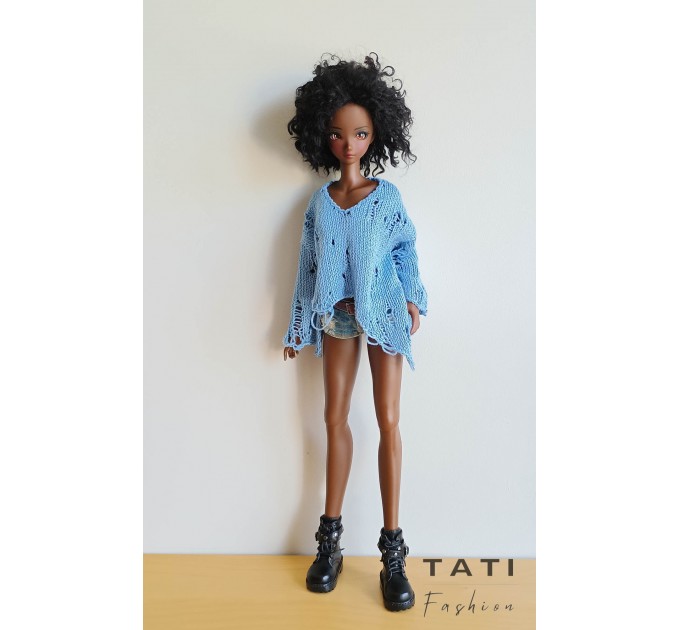 Ripped Oversized Asymmetrical Sweater with Long Sleeves, Gothic Jumper for Smart Doll