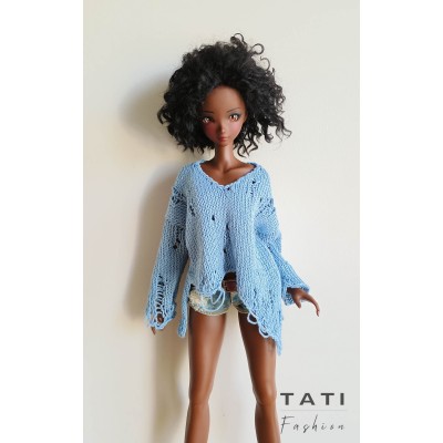 Ripped Oversized Asymmetrical Sweater with Long Sleeves, Gothic Jumper for Smart Doll