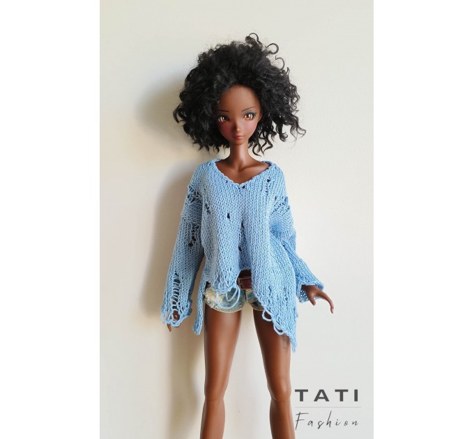 Ripped Oversized Asymmetrical Sweater with Long Sleeves, Gothic Jumper for Smart Doll