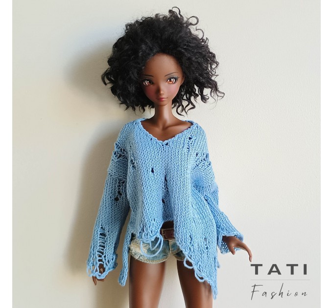 Ripped Oversized Asymmetrical Sweater with Long Sleeves, Gothic Jumper for Smart Doll