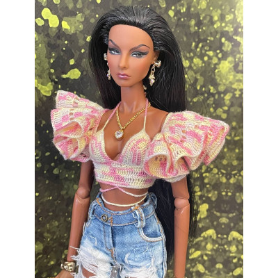 Crocheted top with puffy flounced sleeves for 1:6 fashion dolls